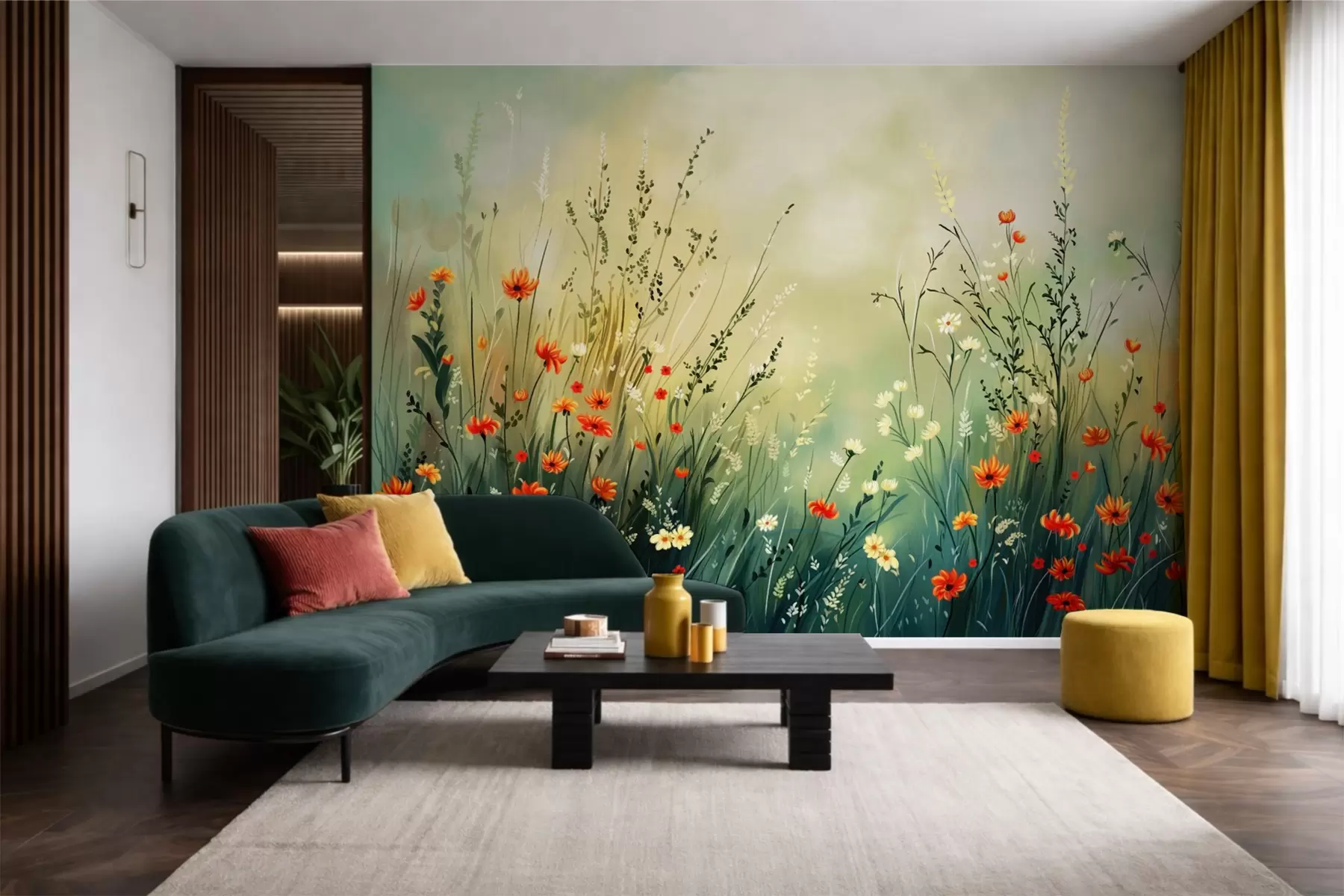murais de parede Flores e gramíneas do campo em estilo pictórico suave w05015