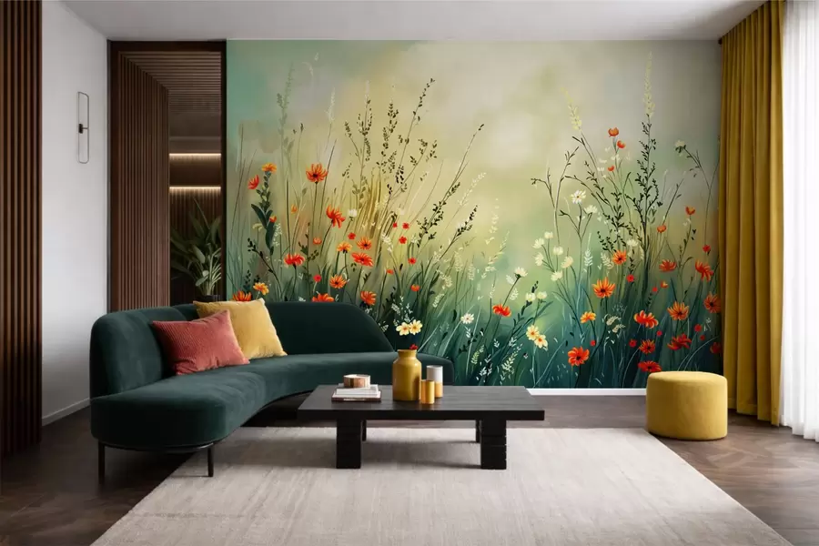 murais de parede Flores e gramíneas do campo em estilo pictórico suave w05015