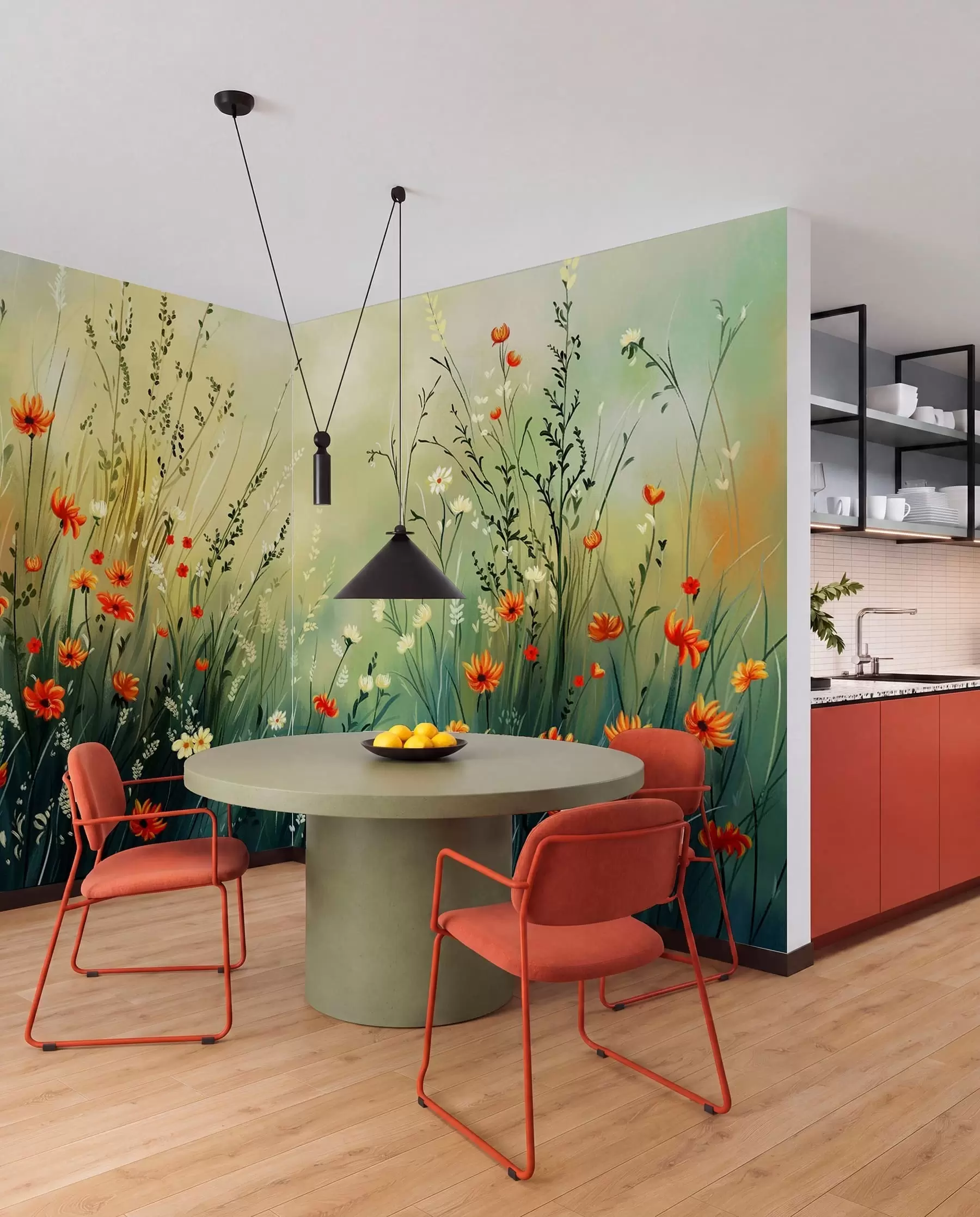 murais de parede Flores e gramíneas do campo em estilo pictórico suave w05015