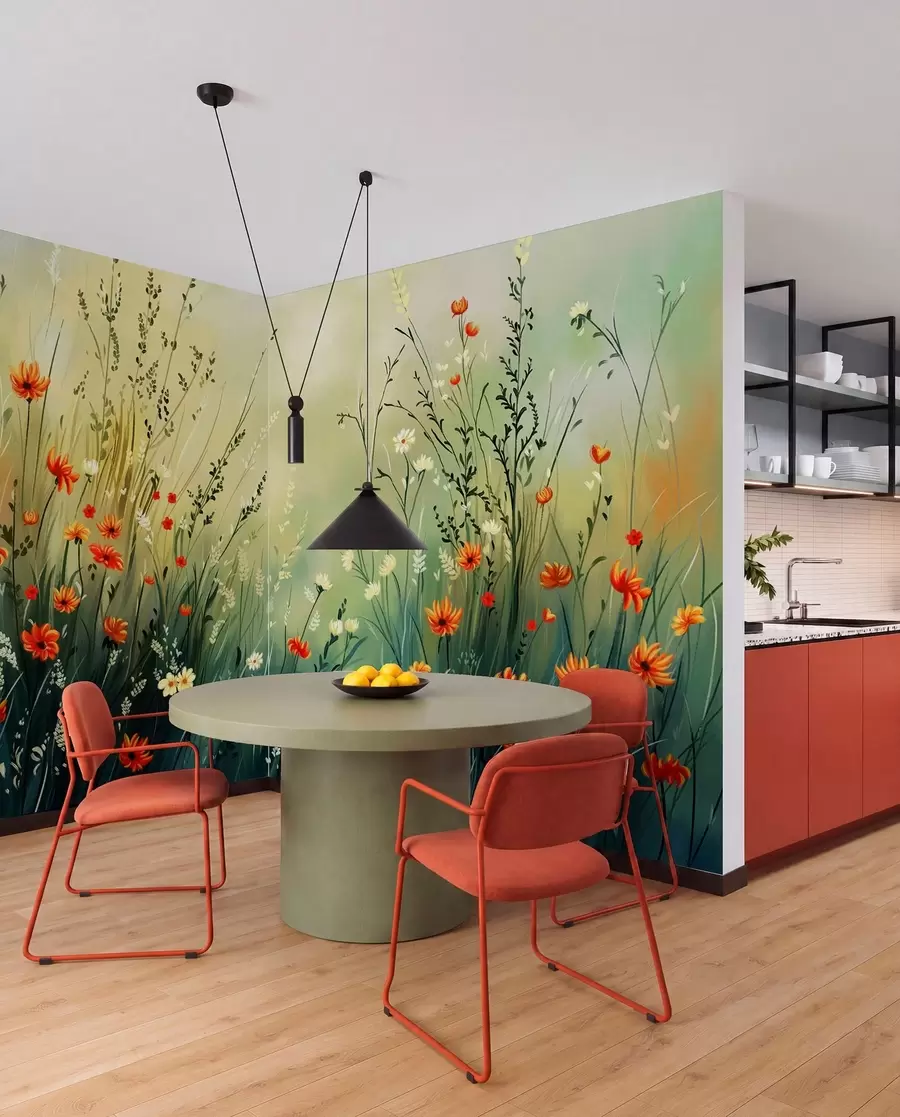 murais de parede Flores e gramíneas do campo em estilo pictórico suave w05015