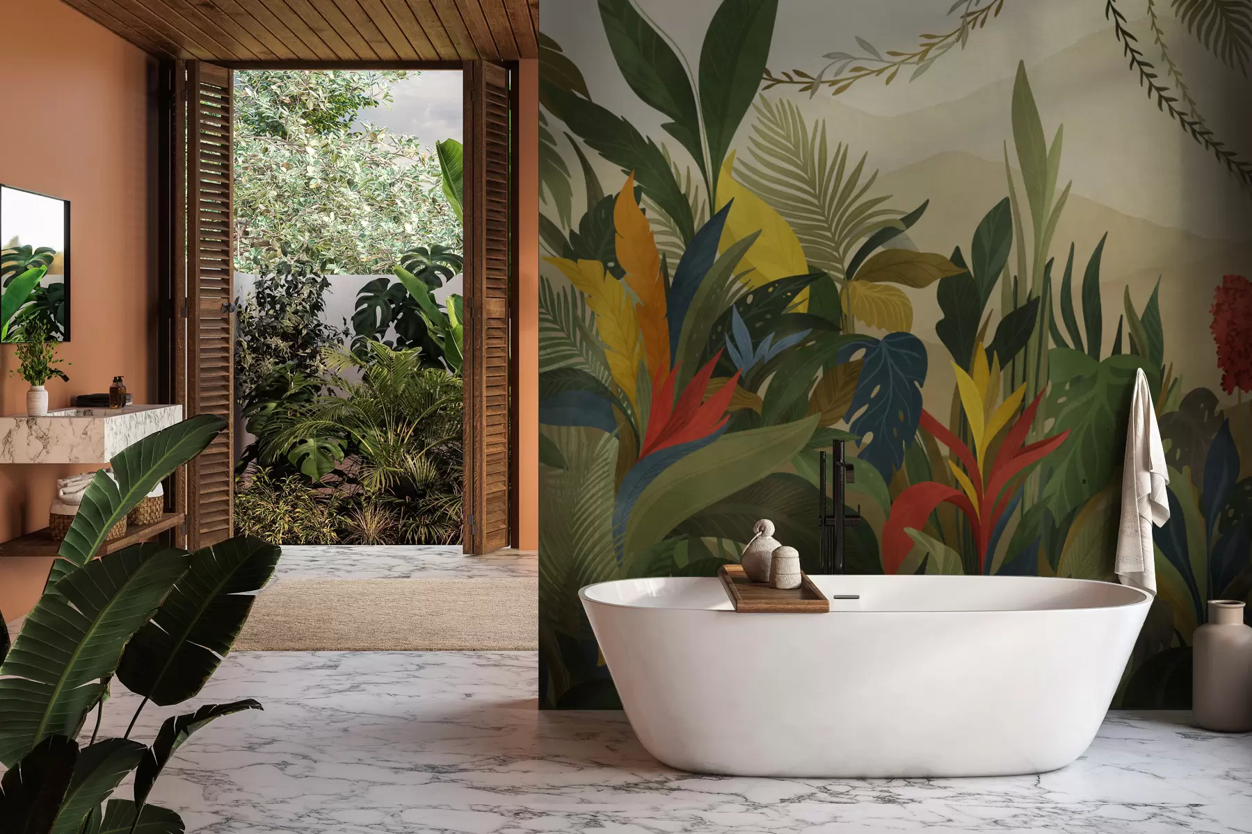 murais de parede Folhagem tropical com folhas e flores grandes w05019