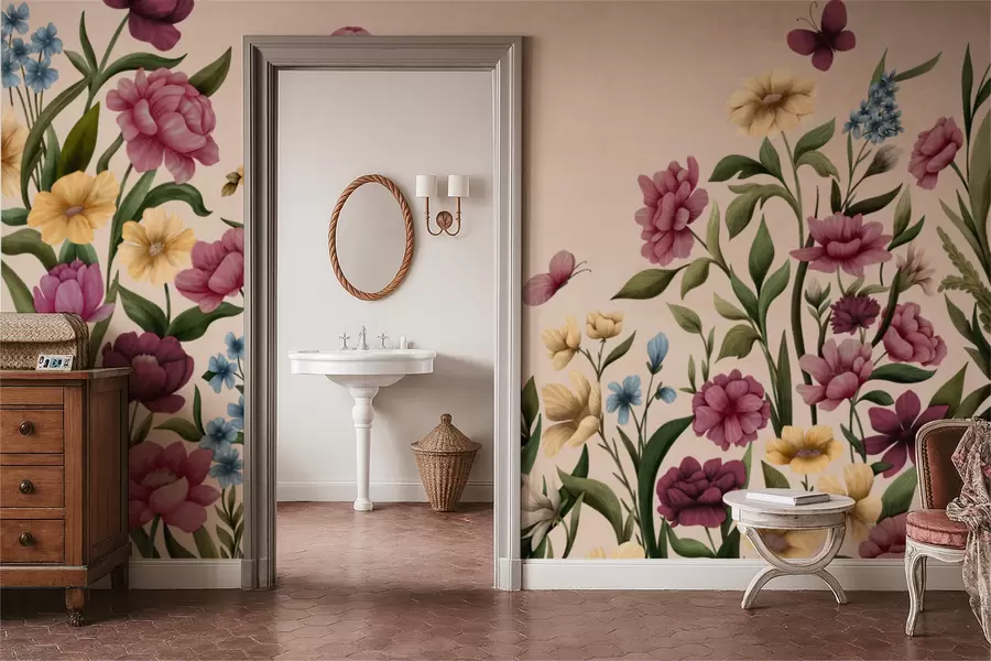 murais de parede Composição floral com plantas e borboletas sobre fundo claro w05072