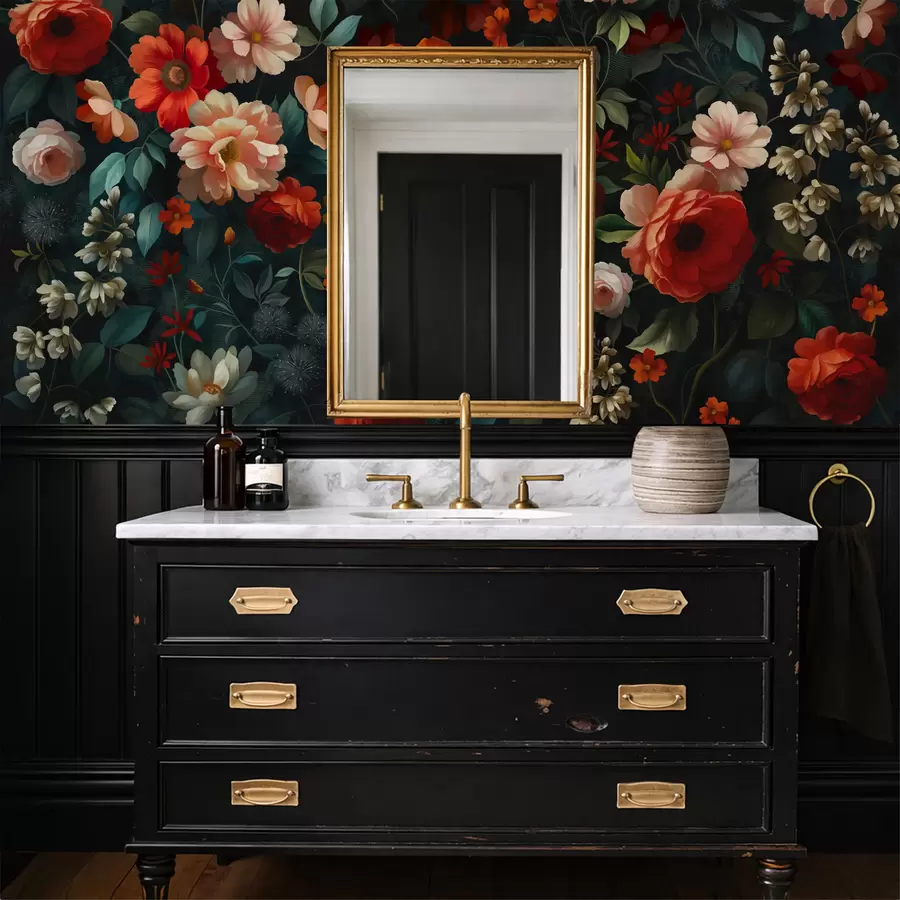 murais de parede Padrão floral escuro com flores exuberantes de jardim w05087