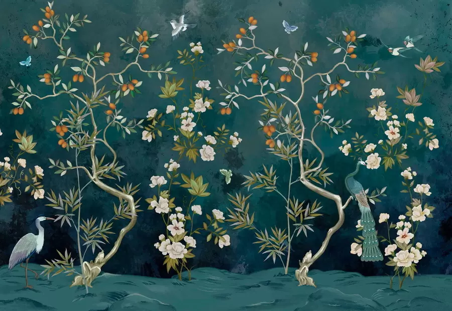 murais de parede Cena decorativa com árvores, flores e pássaros sobre fundo escuro w05004