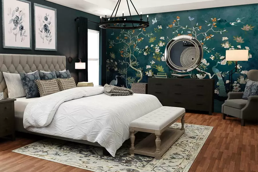 murais de parede Cena decorativa com árvores, flores e pássaros sobre fundo escuro w05004