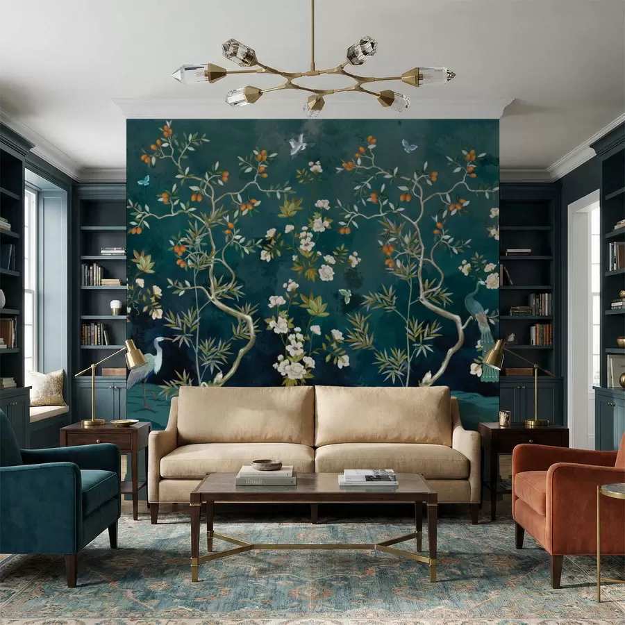 murais de parede Cena decorativa com árvores, flores e pássaros sobre fundo escuro w05004