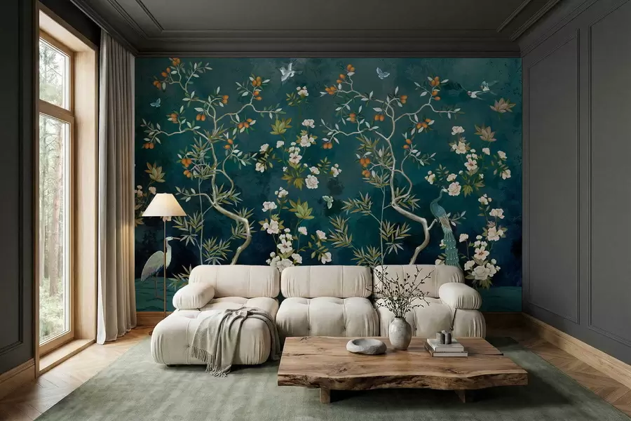 murais de parede Cena decorativa com árvores, flores e pássaros sobre fundo escuro w05004