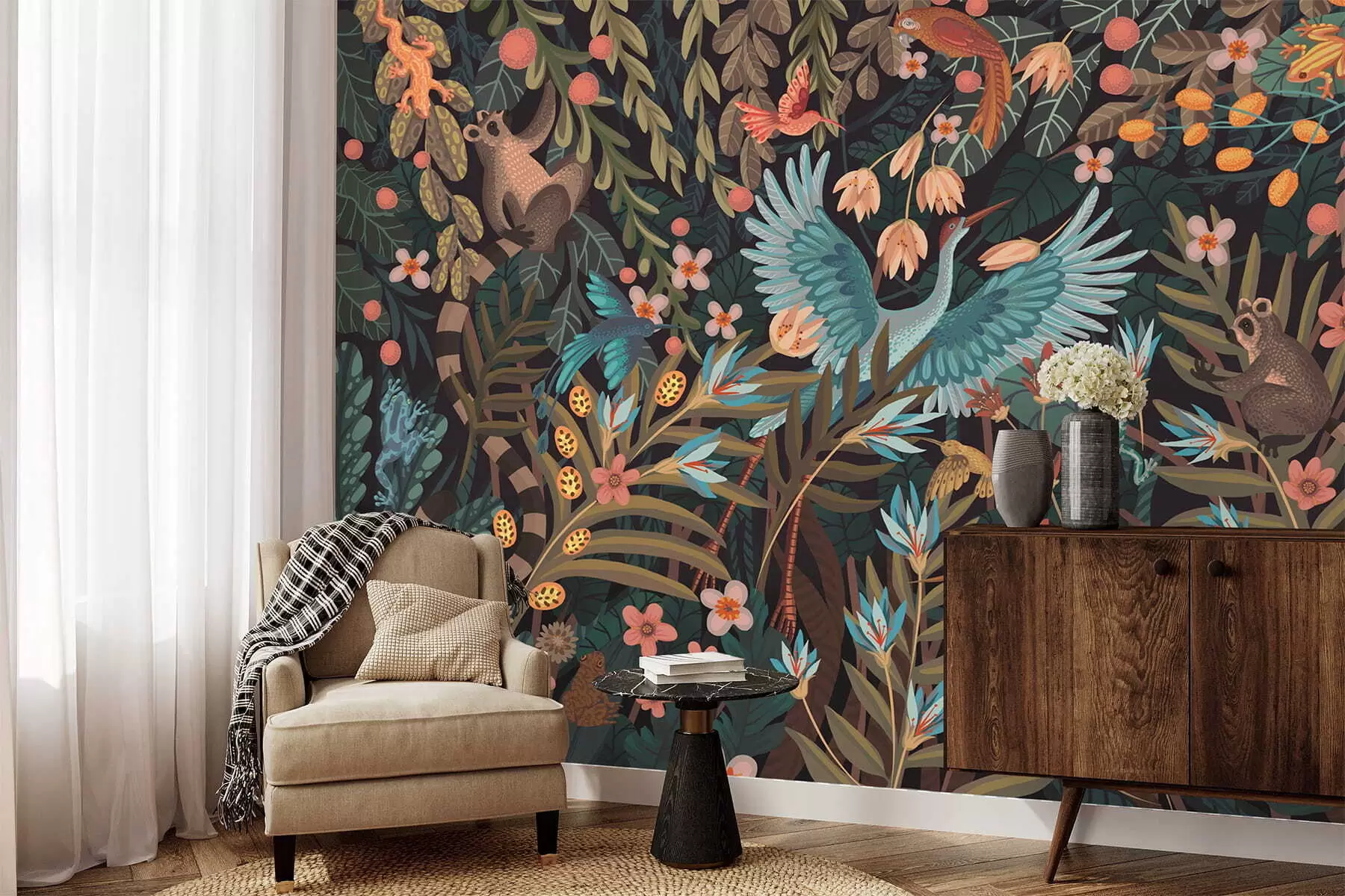 murais de parede Cena fantástica com pássaros e animais entre plantas w05024