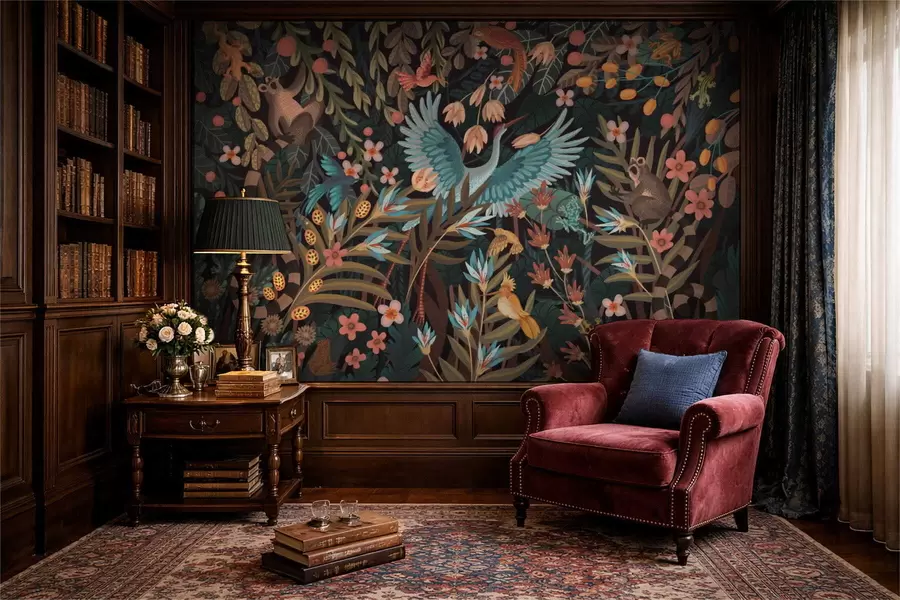 murais de parede Cena fantástica com pássaros e animais entre plantas w05024