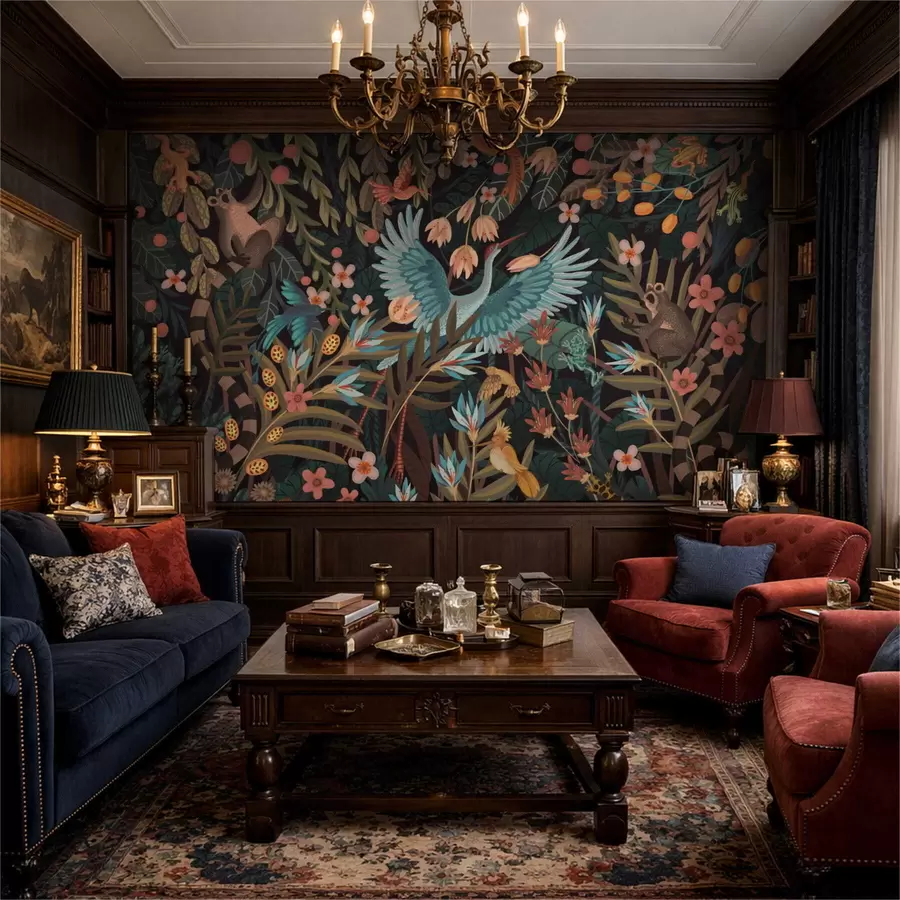 murais de parede Cena fantástica com pássaros e animais entre plantas w05024