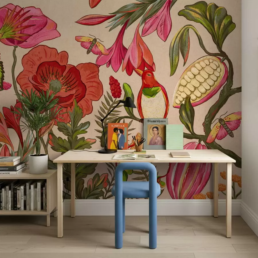 murais de parede Flores e pássaros decorativos sobre fundo bege w05036