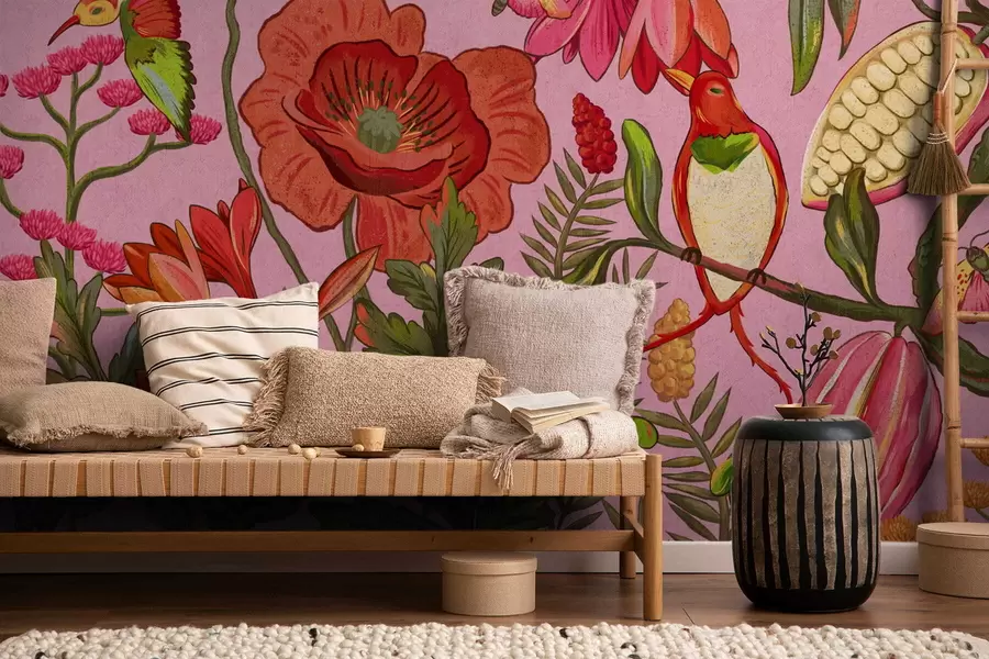 murais de parede Flores decorativas e pássaros sobre fundo rosa w05036v2