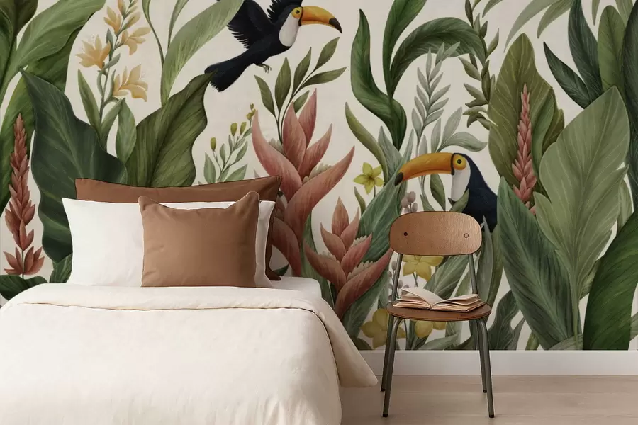 murais de parede Plantas tropicais e aves de bico grande sobre fundo claro w05088v1