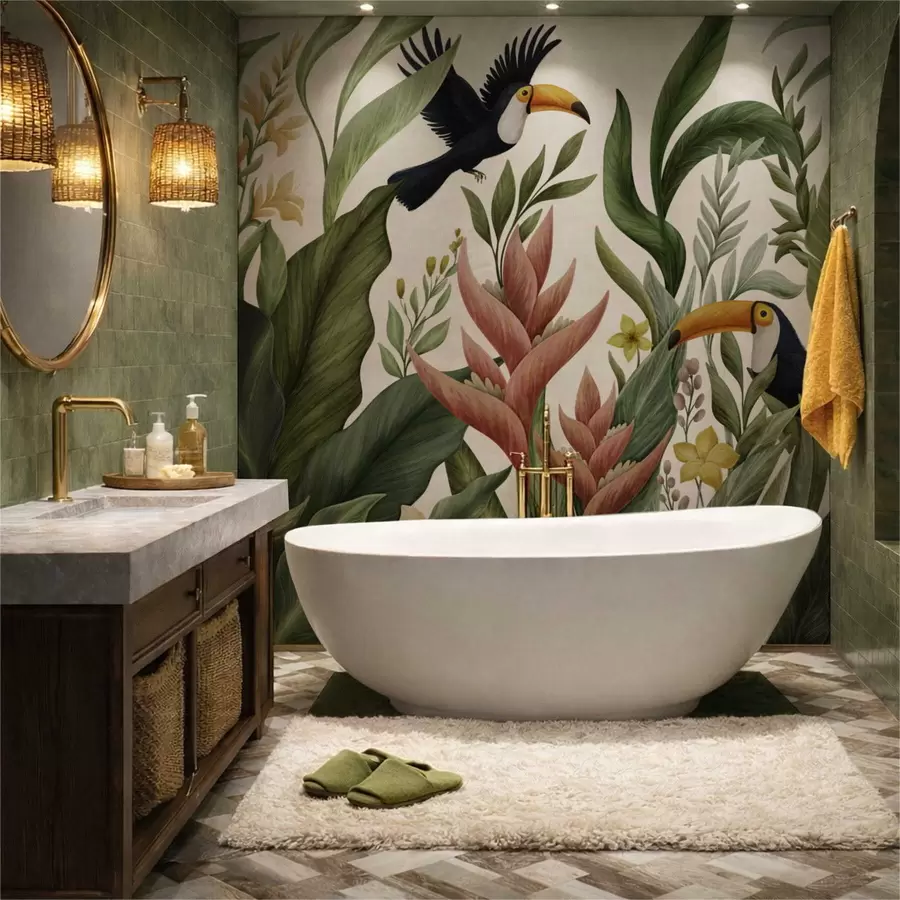 murais de parede Plantas tropicais e aves de bico grande sobre fundo claro w05088v1