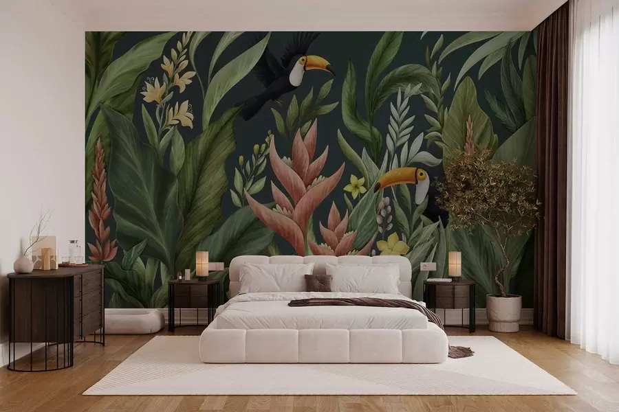 murais de parede Plantas tropicais e aves de bico grande em fundo escuro w05088v2