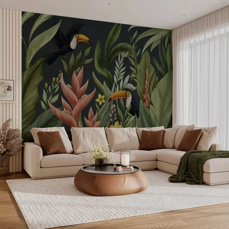 murais de parede Plantas tropicais e aves de bico grande em fundo escuro w05088v2