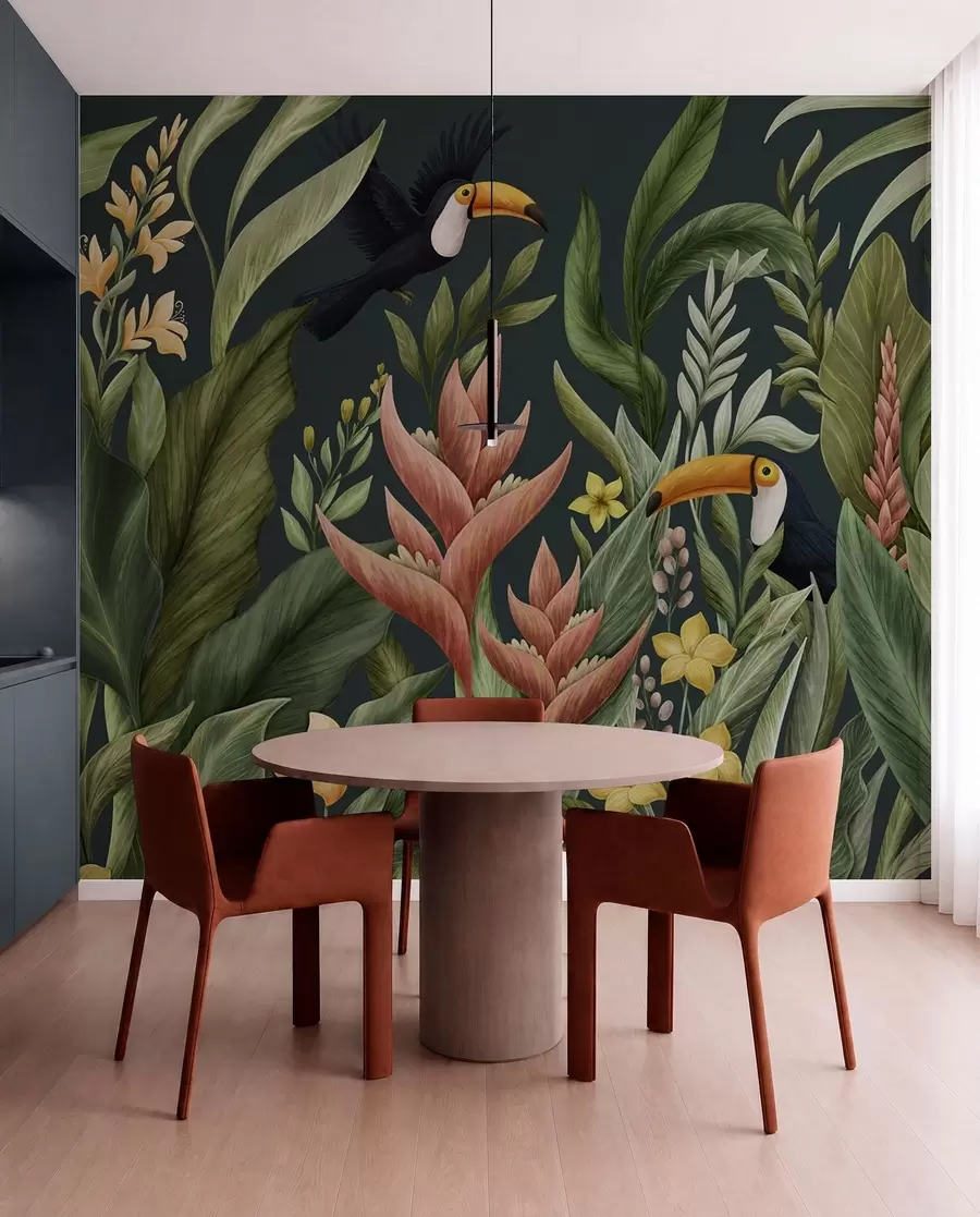 murais de parede Plantas tropicais e aves de bico grande em fundo escuro w05088v2