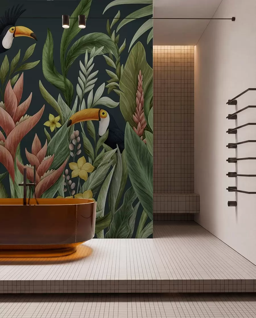murais de parede Plantas tropicais e aves de bico grande em fundo escuro w05088v2