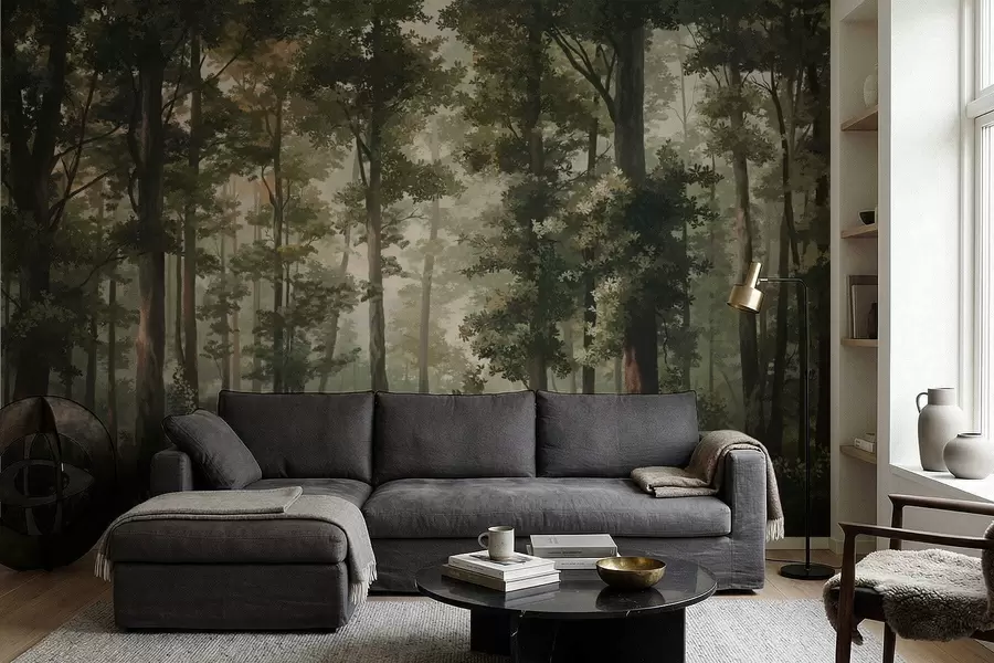 murais de parede Ilustração de floresta com névoa, árvores altas e um caminho w05089