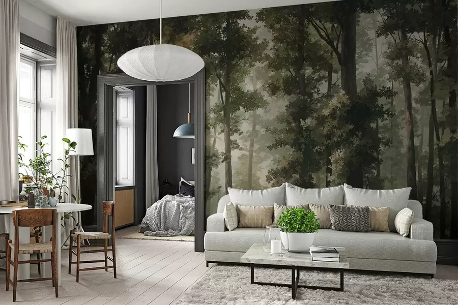 murais de parede Ilustração de floresta com névoa, árvores altas e um caminho w05089