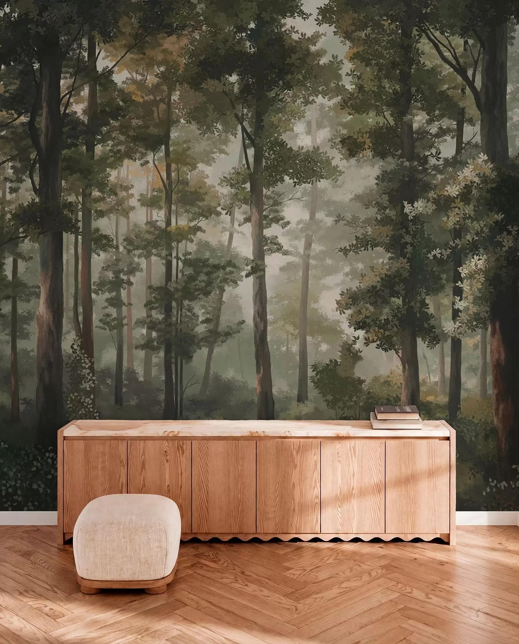 murais de parede Ilustração de floresta com névoa, árvores altas e um caminho w05089