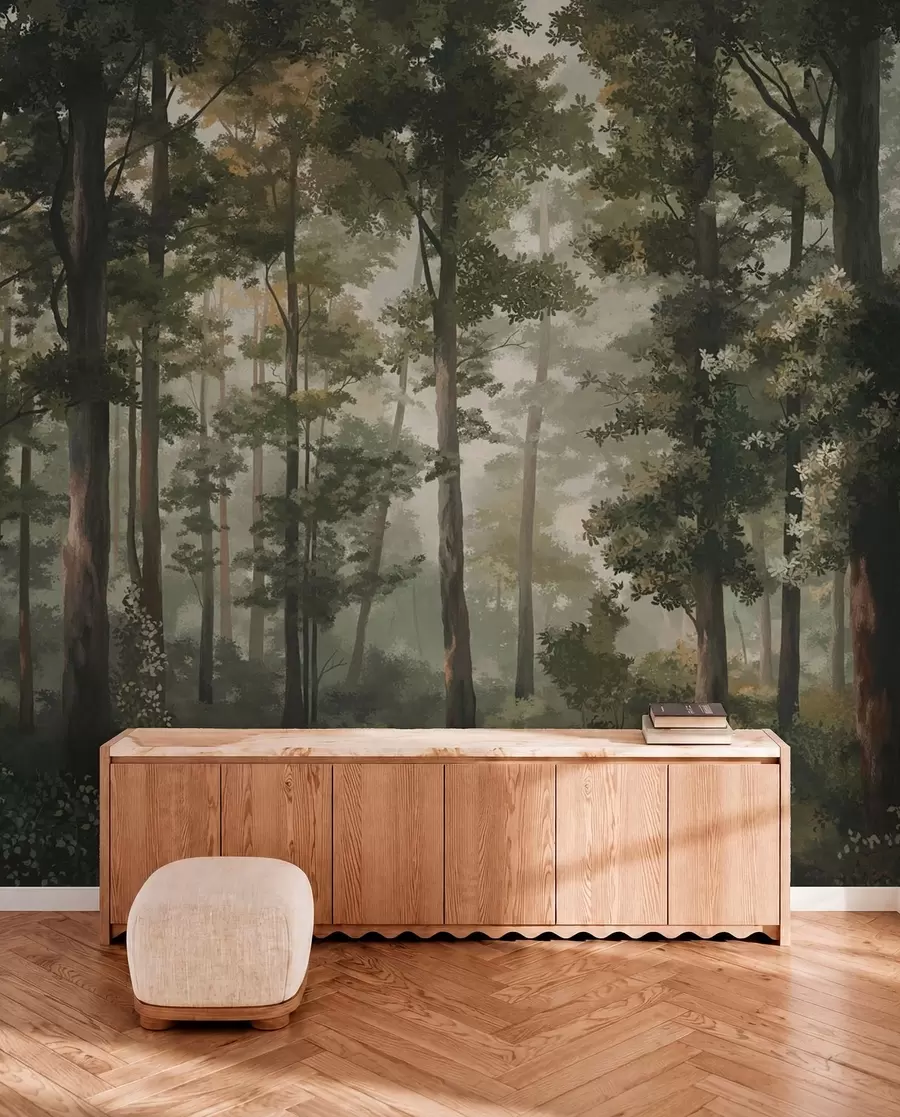 murais de parede Ilustração de floresta com névoa, árvores altas e um caminho w05089