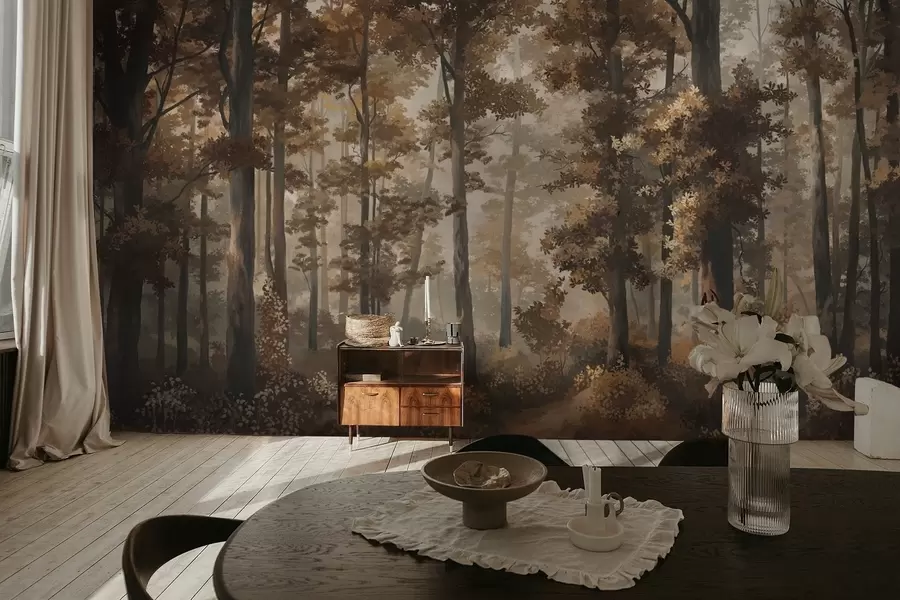 murais de parede Cena de floresta no outono com luz quente e árvores densas w05089v1