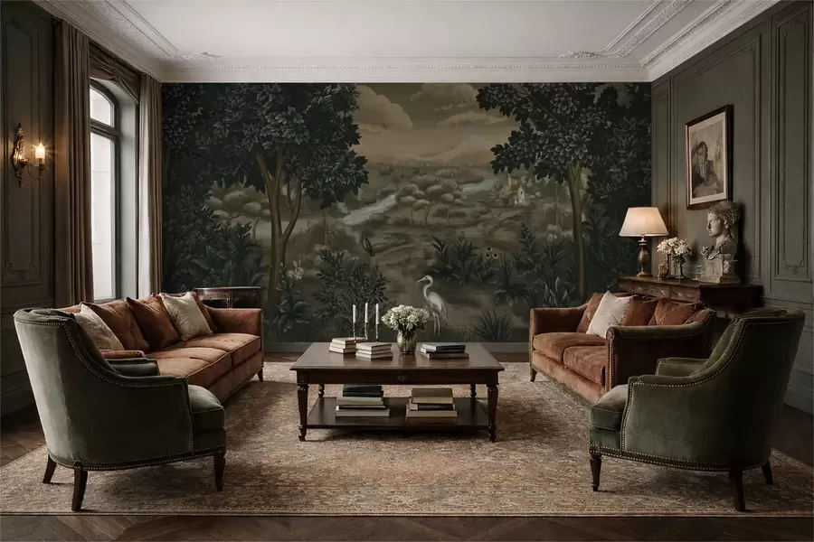 murais de parede Paisagem fantástica com rio, casa e pássaros entre as árvores w05090