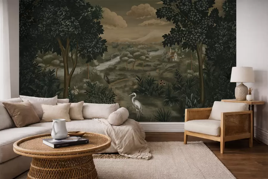 murais de parede Paisagem fantástica com rio, casa e pássaros entre as árvores w05090
