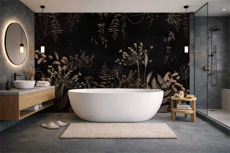 murais de parede Padrão botânico escuro com flores e folhas w05092