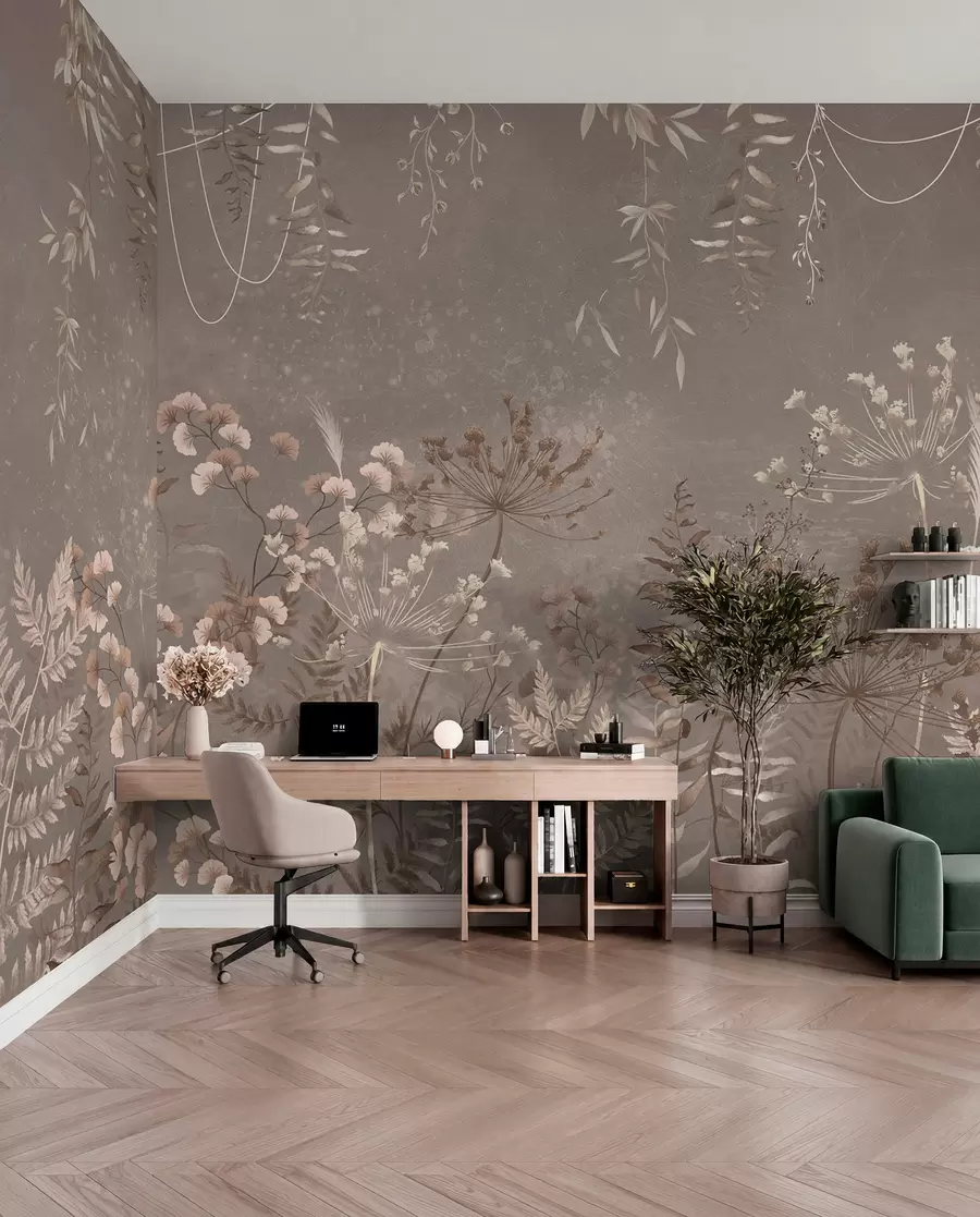 murais de parede Padrão botânico leve com flores e folhas w05092v1