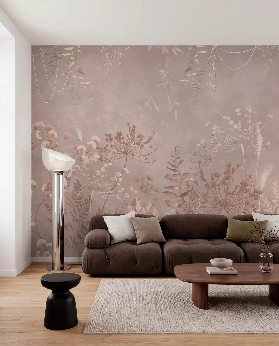 murais de parede Padrão botânico bege suave com flores silvestres w05092v2
