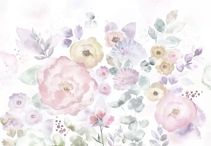 murais de parede Composição em aquarela suave com flores e folhas w05093