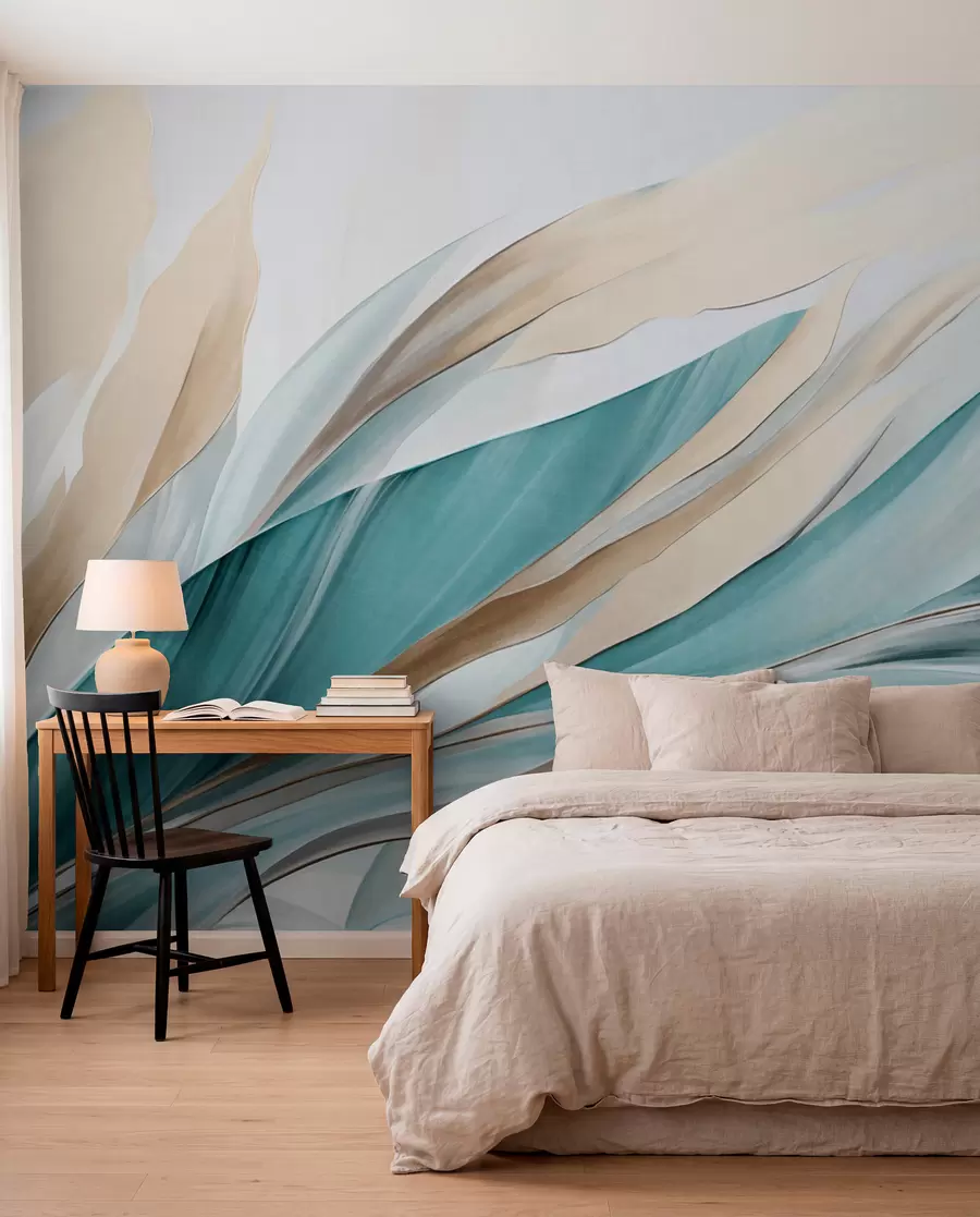 murais de parede Ondas abstratas fluidas em tons de azul-petróleo e amarelo, com formas e linhas finas, sobre fundo branco, arte texturizada w09585