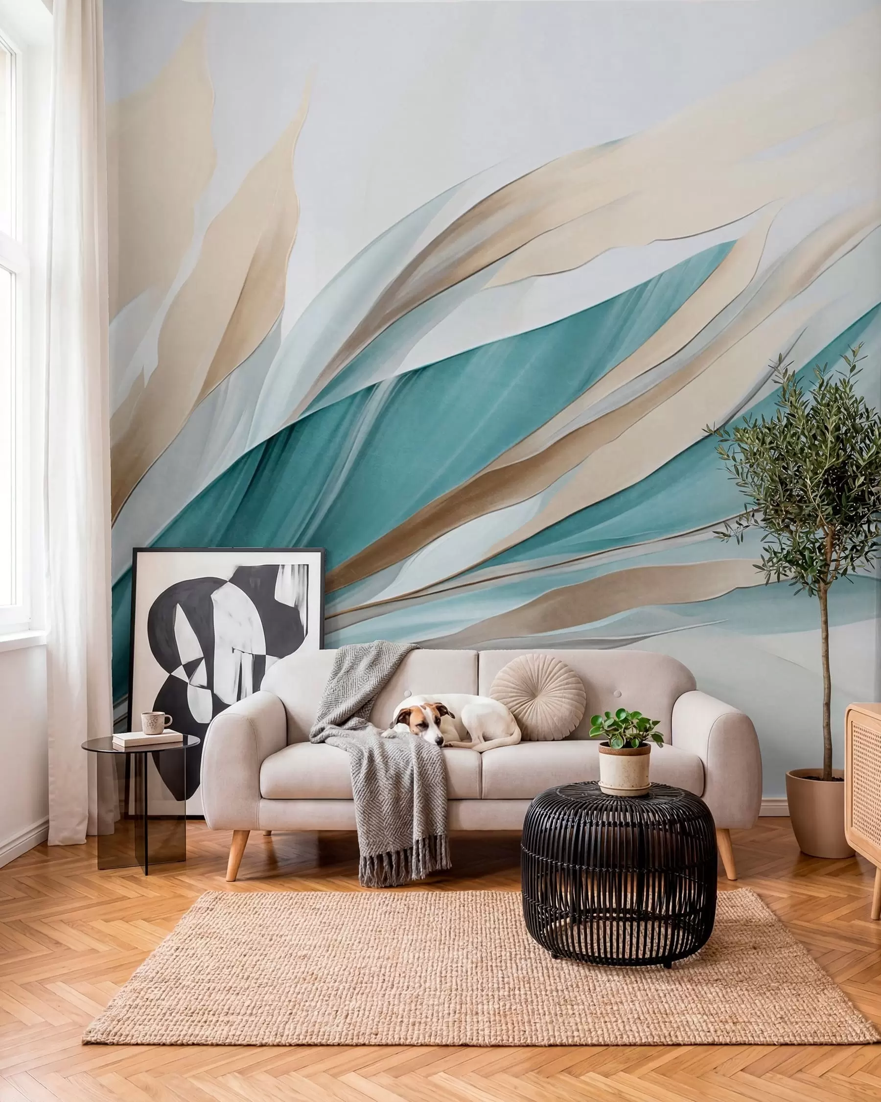 murais de parede Ondas abstratas fluidas em tons de azul-petróleo e amarelo, com formas e linhas finas, sobre fundo branco, arte texturizada w09585