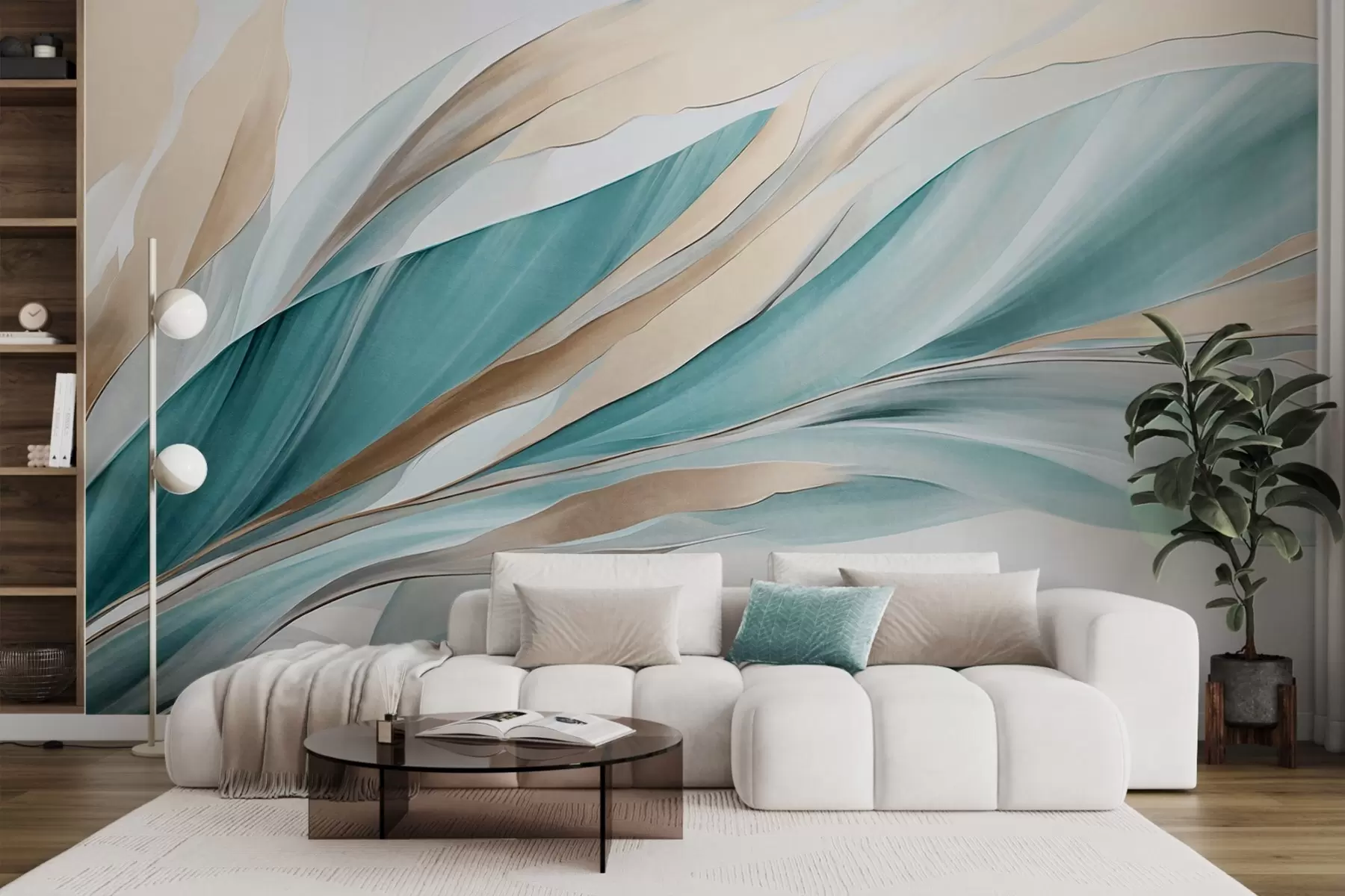 murais de parede Ondas abstratas fluidas em tons de azul-petróleo e amarelo, com formas e linhas finas, sobre fundo branco, arte texturizada w09585