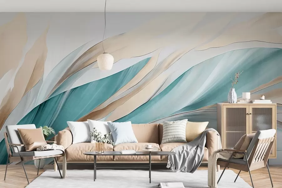 murais de parede Ondas abstratas fluidas em tons de azul-petróleo e amarelo, com formas e linhas finas, sobre fundo branco, arte texturizada w09585