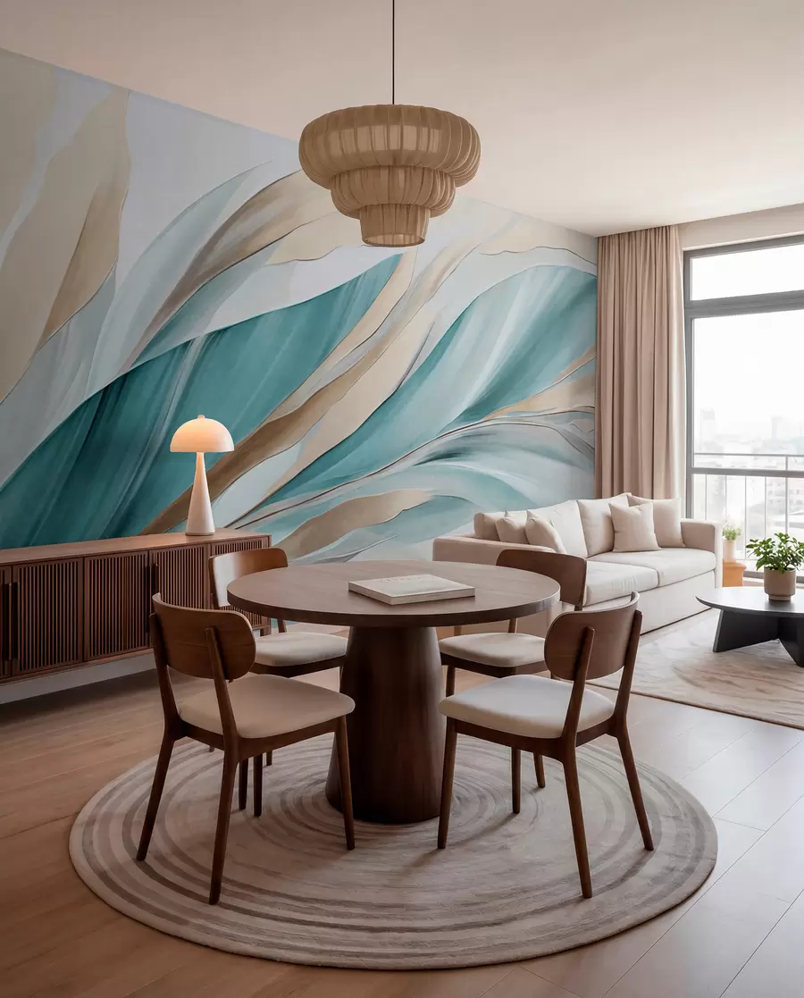 murais de parede Ondas abstratas fluidas em tons de azul-petróleo e amarelo, com formas e linhas finas, sobre fundo branco, arte texturizada w09585