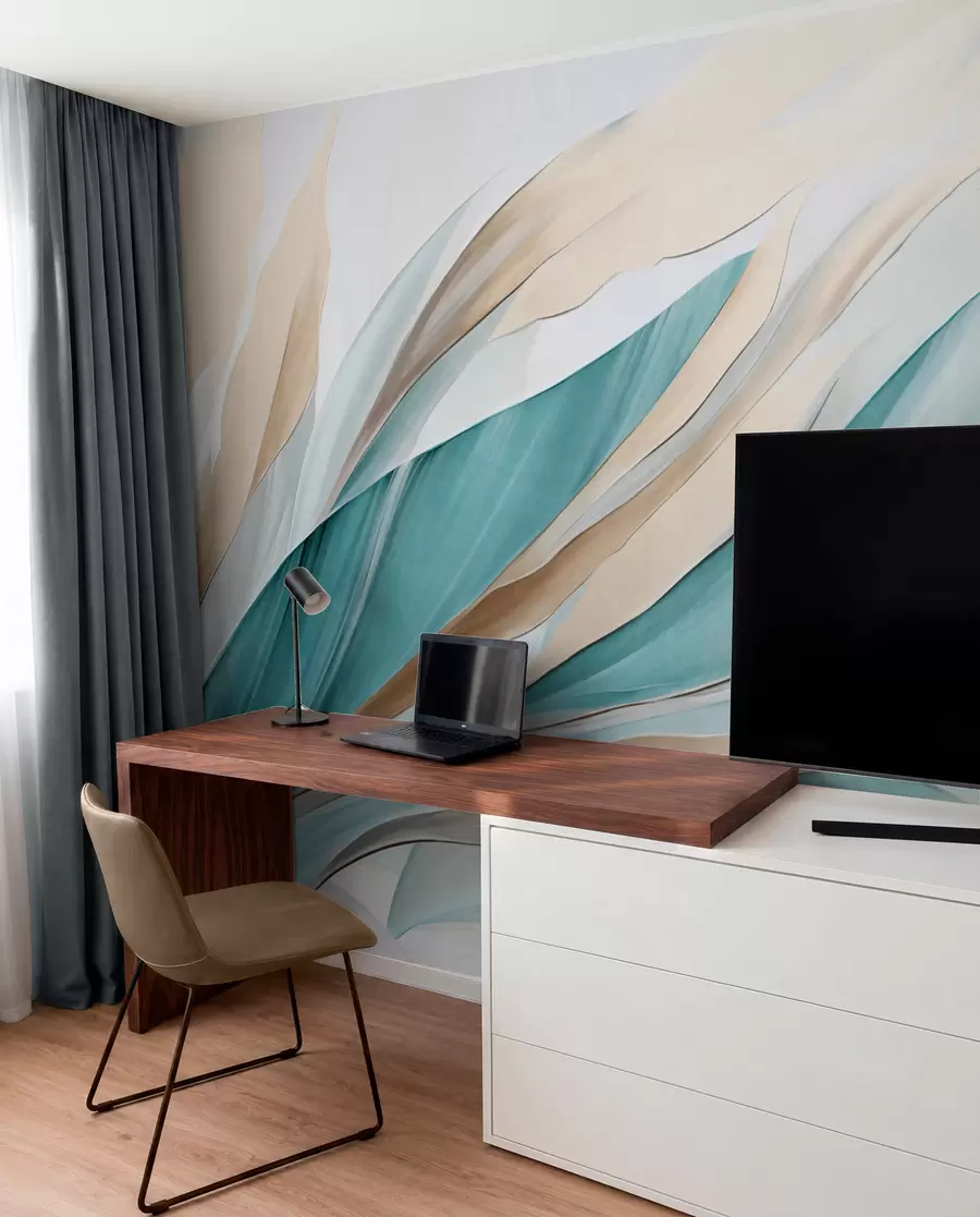 murais de parede Ondas abstratas fluidas em tons de azul-petróleo e amarelo, com formas e linhas finas, sobre fundo branco, arte texturizada w09585
