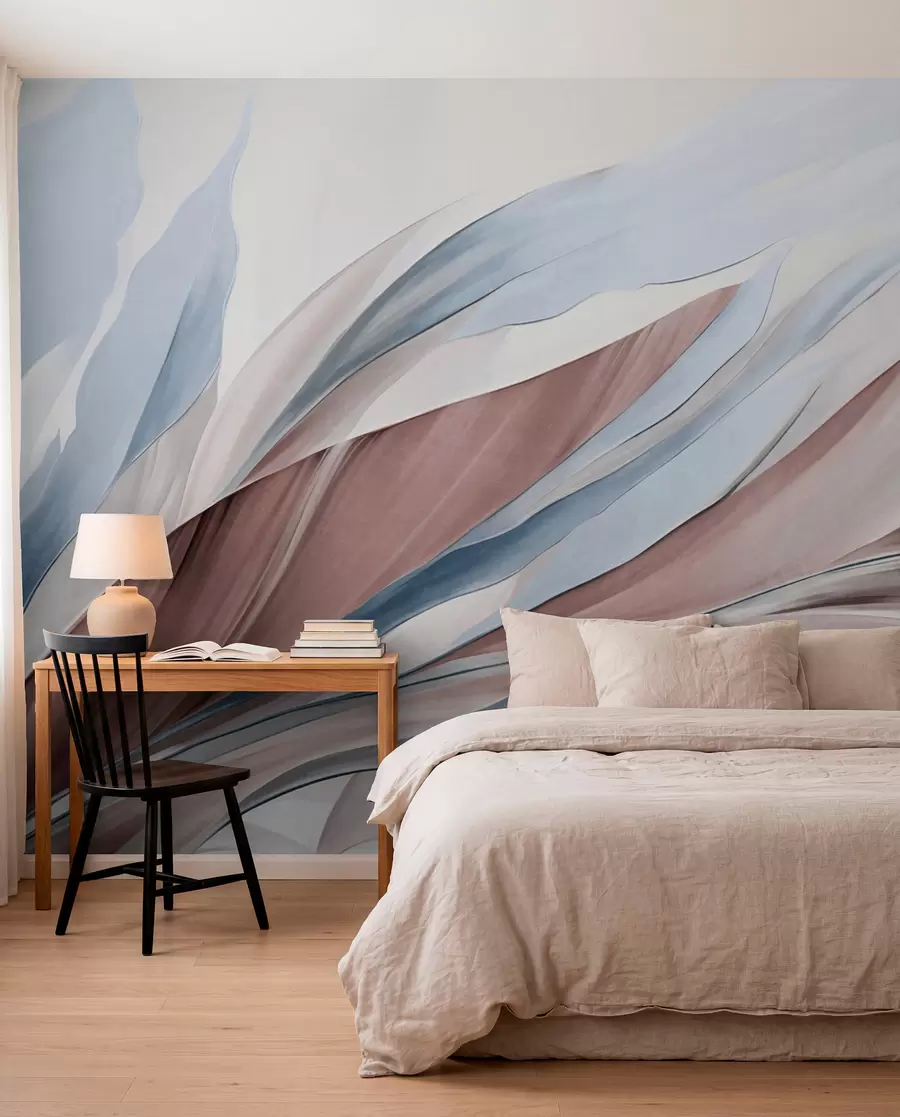murais de parede Ondas abstratas fluidas em azul e marrom, com formas e linhas finas, contra um fundo branco, arte texturizada w09585v1