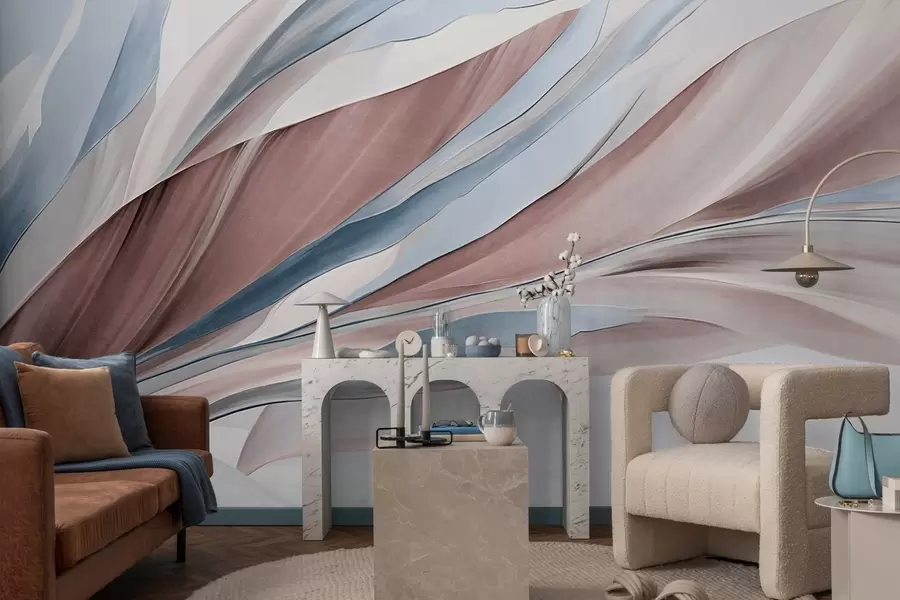 murais de parede Ondas abstratas fluidas em azul e marrom, com formas e linhas finas, contra um fundo branco, arte texturizada w09585v1