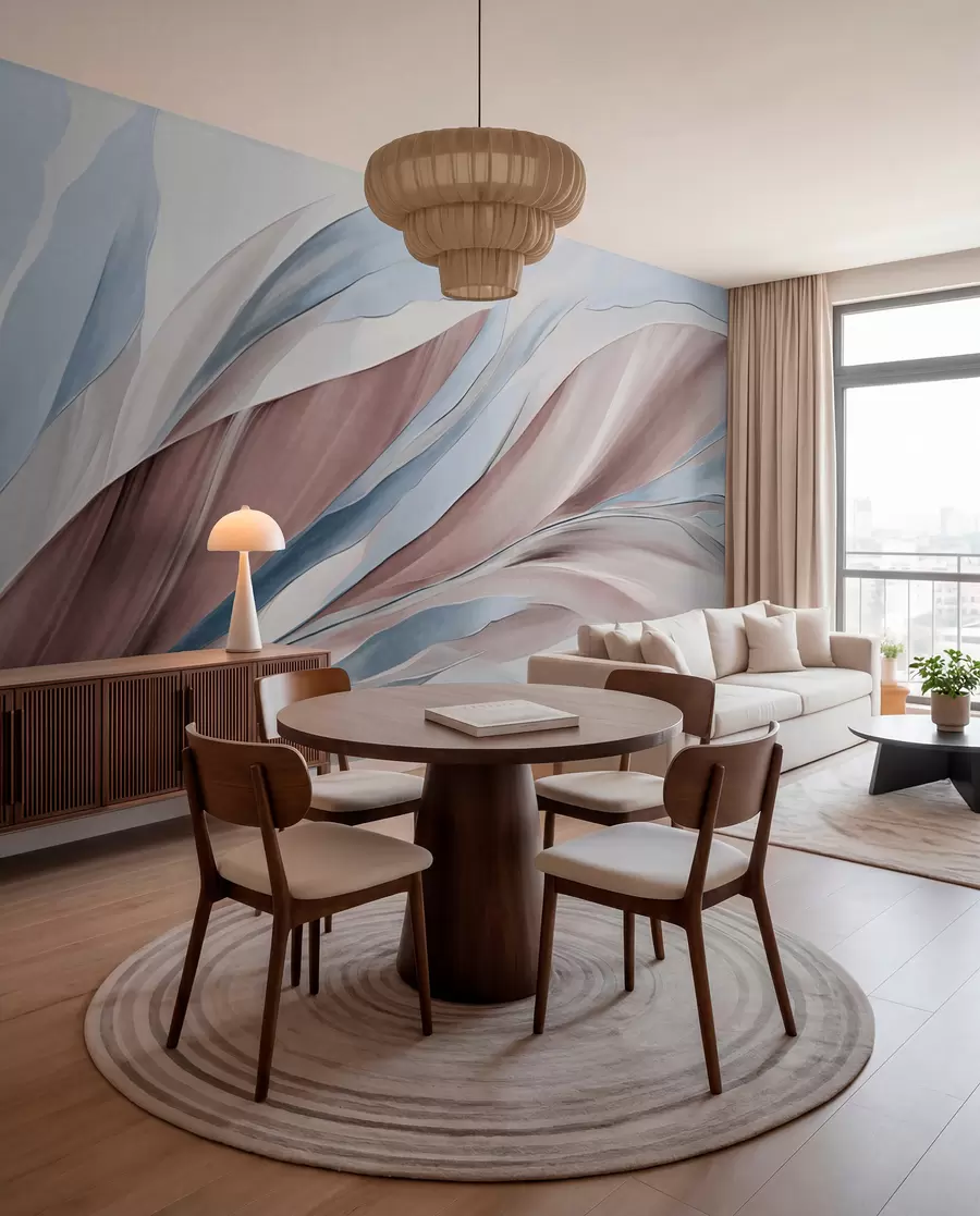 murais de parede Ondas abstratas fluidas em azul e marrom, com formas e linhas finas, contra um fundo branco, arte texturizada w09585v1