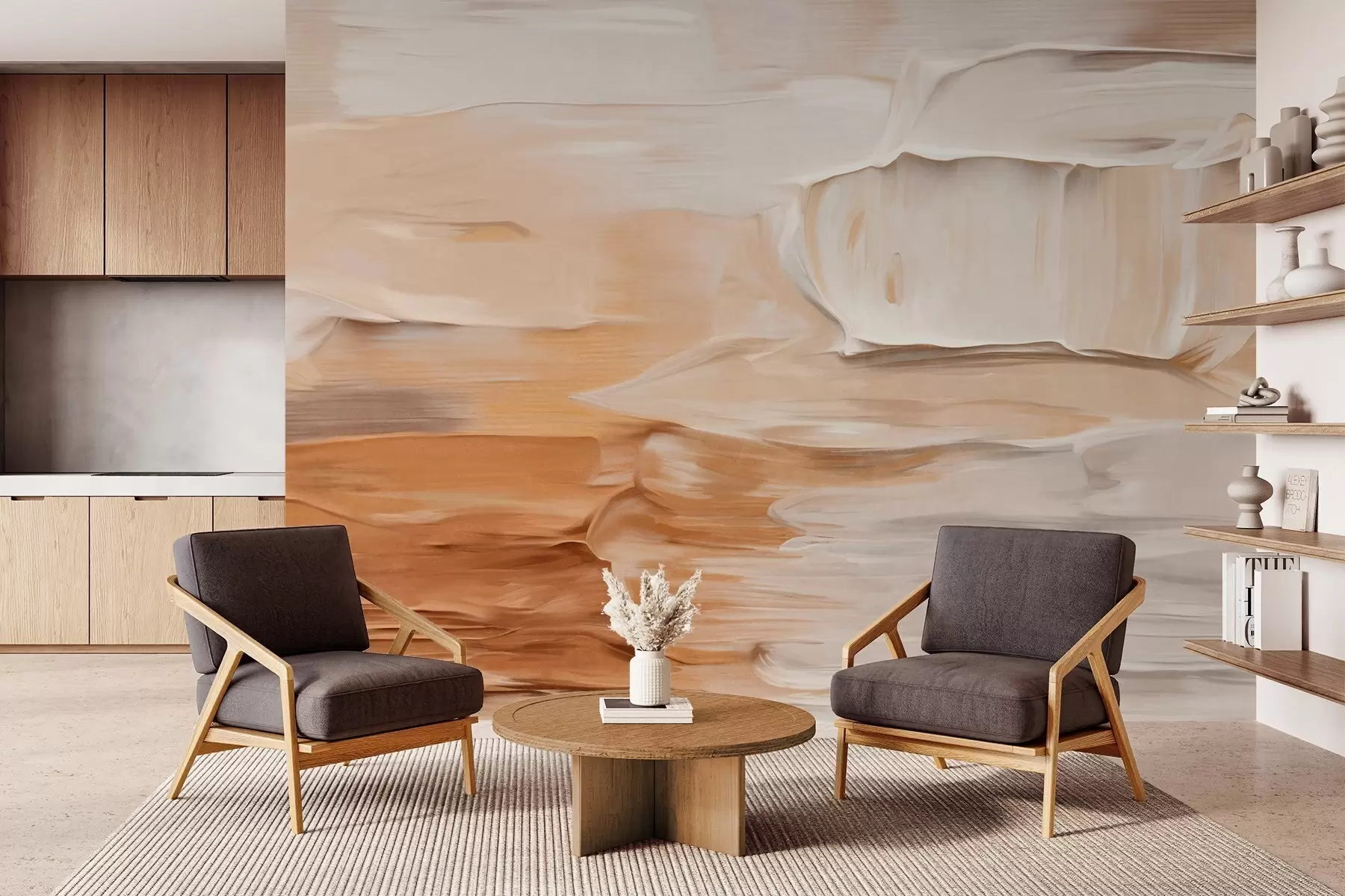 murais de parede Imitacão de pinceladas abstratas texturizadas em tons terrosos quentes de bege, creme e castanho, arte moderna w09588