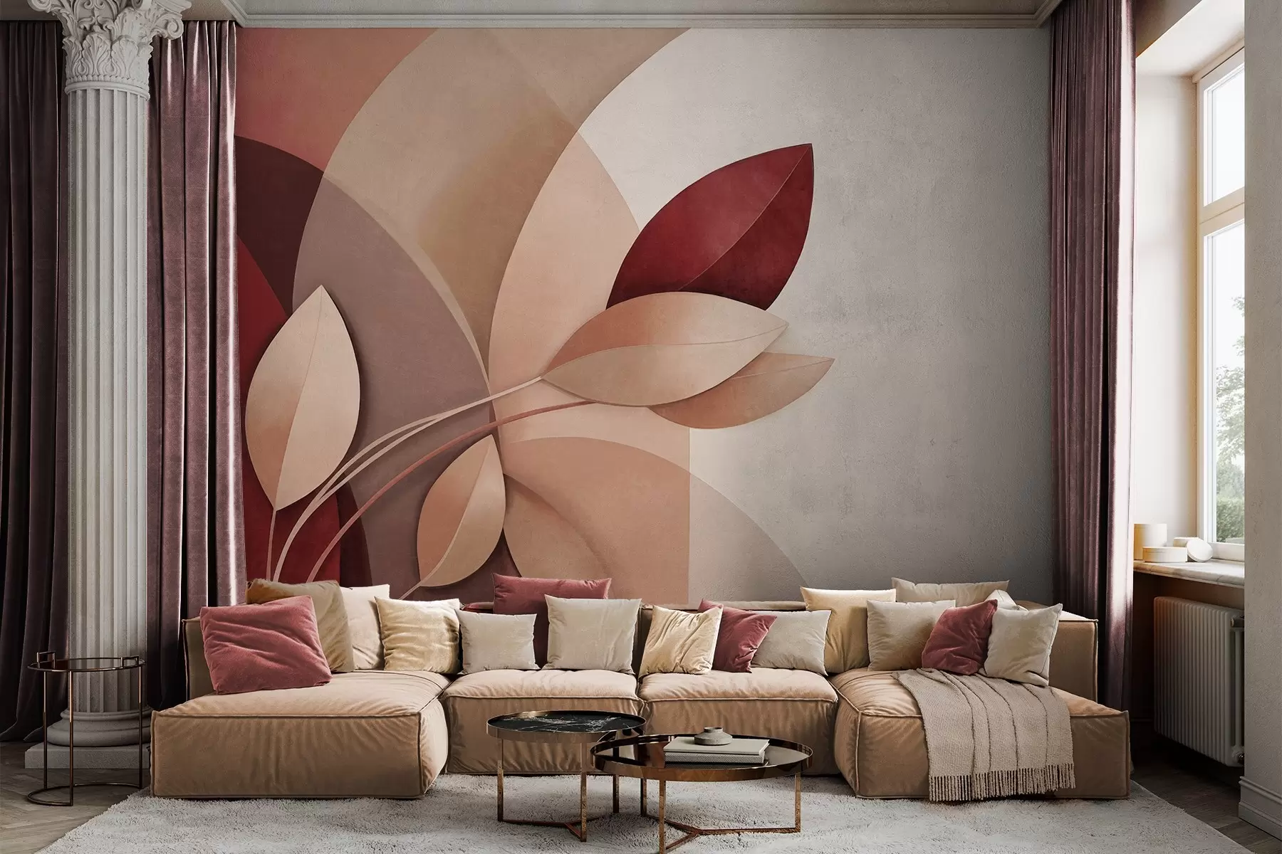 murais de parede Ramo abstrato texturizado com folhas em tons de marrom, bege e vermelho, contra um fundo de formas abstratas w09618