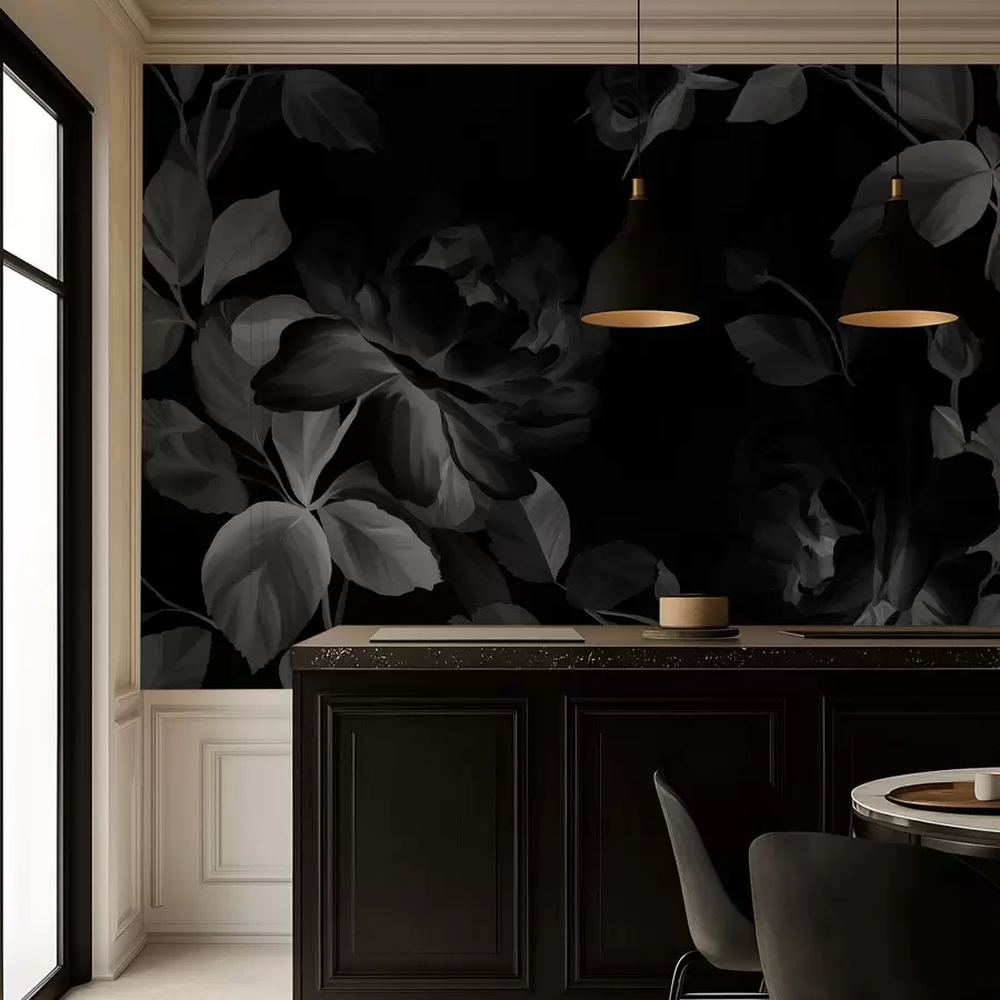 murais de parede rosas pitorescas em preto e branco no estilo de pintura a óleo  w04873v1