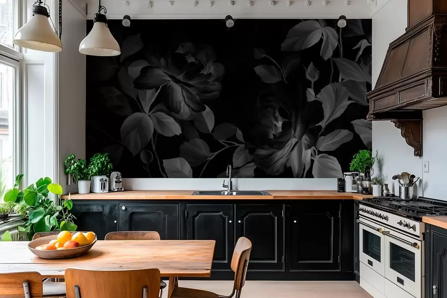 murais de parede rosas pitorescas em preto e branco no estilo de pintura a óleo  w04873v1