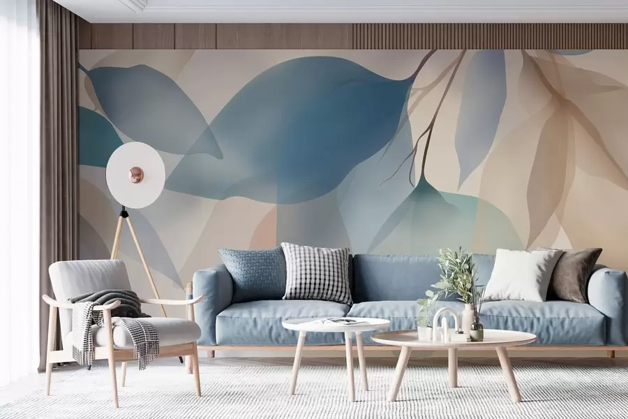 murais de parede folhas elegantes e semitransparentes em tons de azul e bege w05060