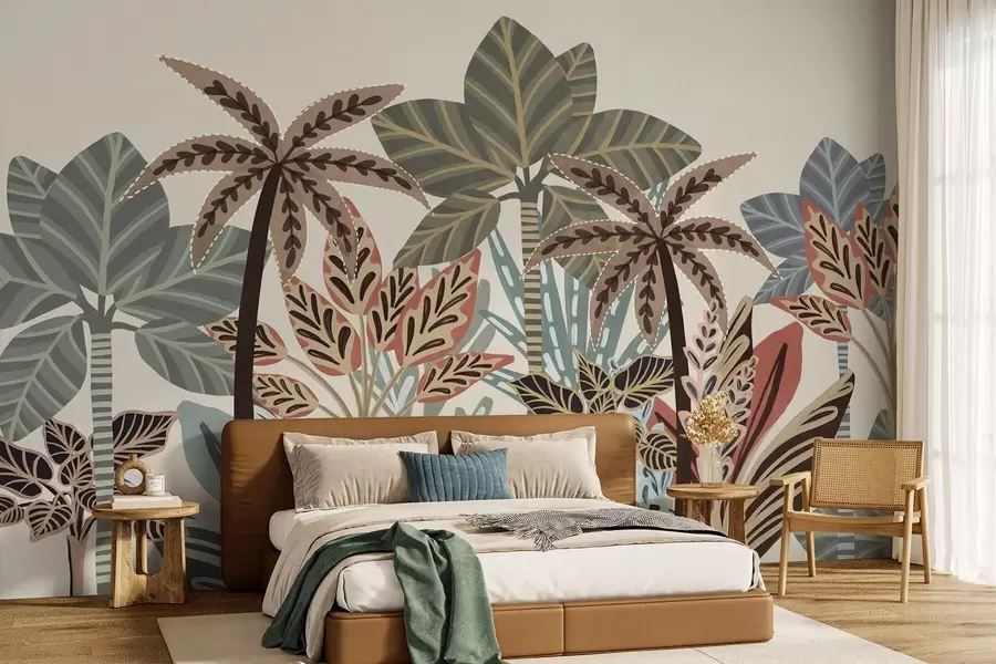murais de parede Plantas tropicais texturizadas e palmeiras com cores suaves em estilo boho decorativo contra um fundo creme w09639