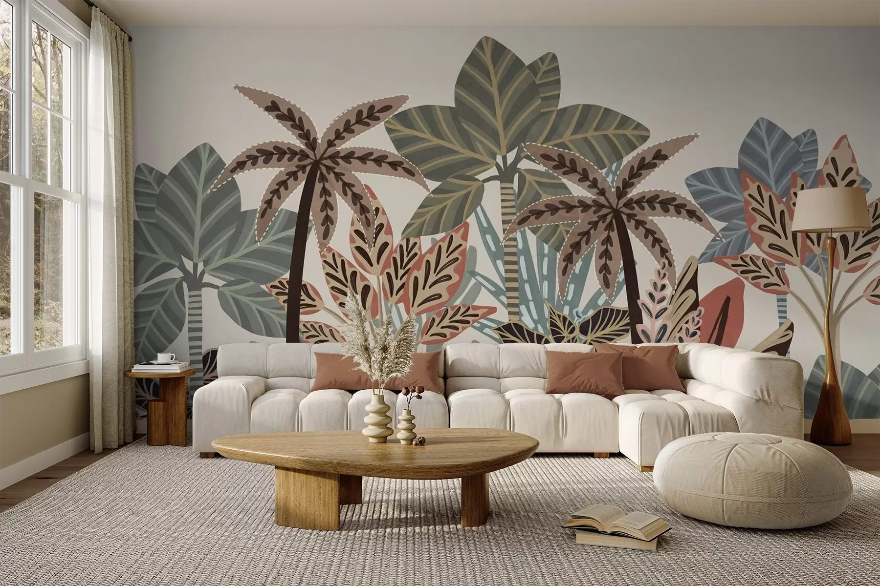 murais de parede Plantas tropicais texturizadas e palmeiras com cores suaves em estilo boho decorativo contra um fundo creme w09639