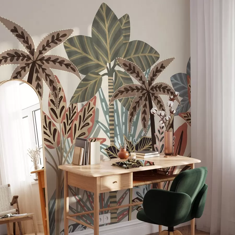 murais de parede Plantas tropicais texturizadas e palmeiras com cores suaves em estilo boho decorativo contra um fundo creme w09639